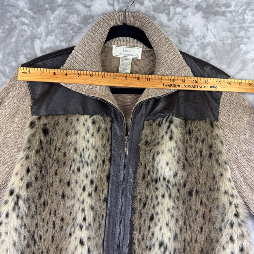 Vtg Lisa International Sweater Jacket XL Real Leather Fur Leopard Print (1403) - Picture 7 of 11
